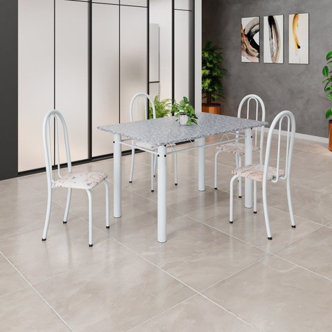 Conjunto de Mesa Tubular 120cm x 75cm Tampo com 4 Cadeiras Branco/Bege