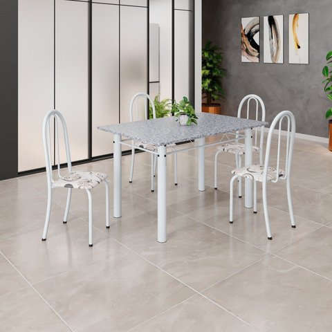 Conjunto de Mesa Tubular 120cm x 75cm Tampo com 4 Cadeiras Branco/Arabesco