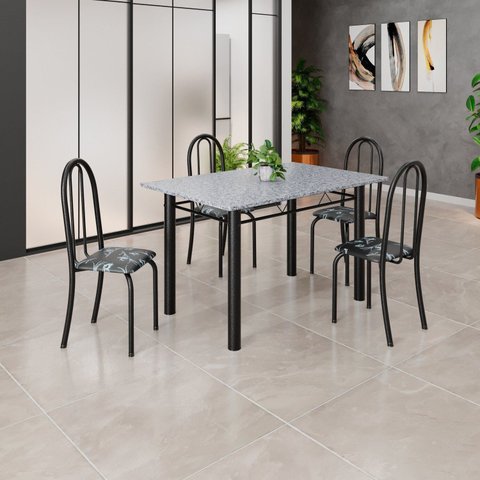 Conjunto de Mesa Tubular 120cm x 75cm Tampo com 4 Cadeiras Preto