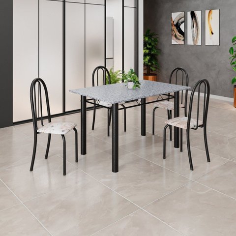 Conjunto de Mesa Tubular 120cm x 75cm Tampo com 4 Cadeiras Preto/Bege