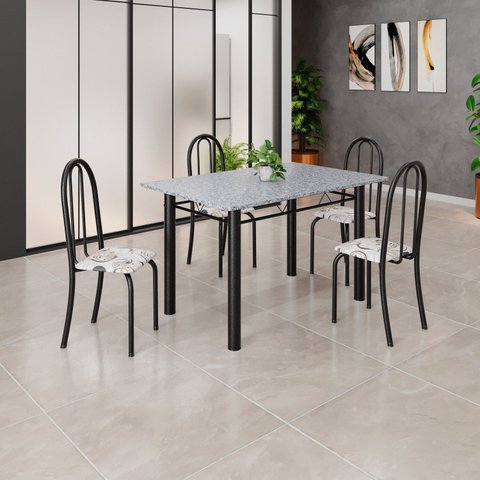 Conjunto de Mesa Tubular 120cm x75cm Tampo com 4 Cadeiras Preto/Arabesco