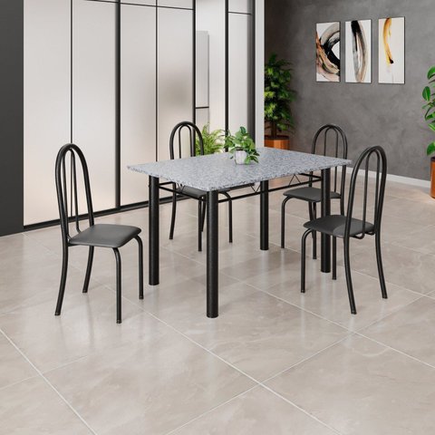 Conjunto de Mesa Tubular 120cm x 75cm Tampo com 4 Cadeiras Preto