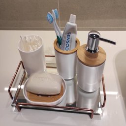 Kit Conjunto para Banheiro Bambu 6 Peças - Branco - 7