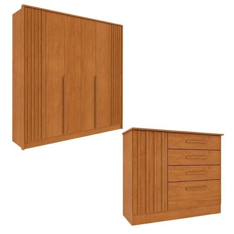 Guarda-roupa 6 Portas e Cômoda 4 Gavetas Ripado Nova York Espresso Móveis