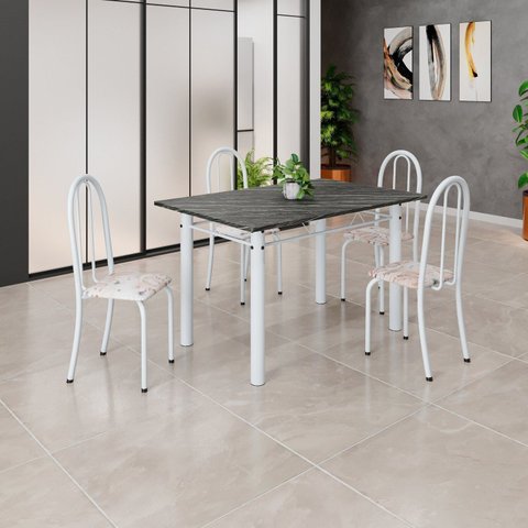 Conjunto de Mesa Tubular 120cm x 75cm Tampo com 4 Cadeiras Branco/Bege
