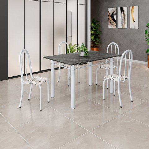 Conjunto de Mesa Tubular 120cm x 75cm Tampo com 4 Cadeiras Branco/Arabesco