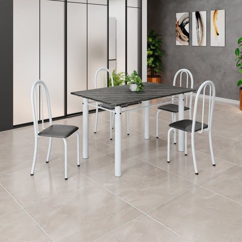 Conjunto de Mesa Tubular 120cm x 75cm Tampo com 4 Cadeiras Branco/Preto