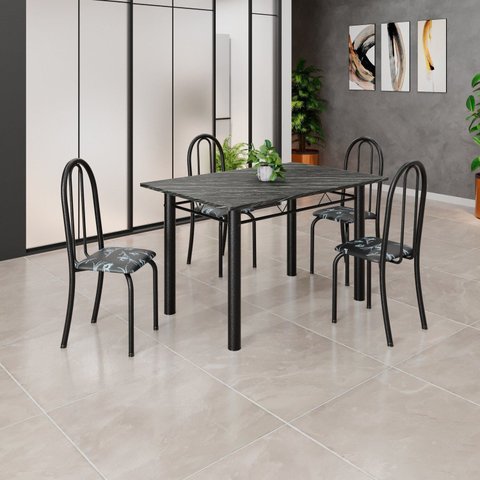 Conjunto de Mesa Tubular 120cm x 75cm Tampo com 4 Cadeiras Preto