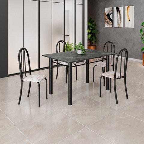 Conjunto de Mesa Tubular 120cm x 75cm Tampo com 4 Cadeiras Preto/Bege