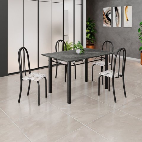 Conjunto de Mesa Tubular 120cm x 75cm Tampo com 4 Cadeiras Preto/Arabesco