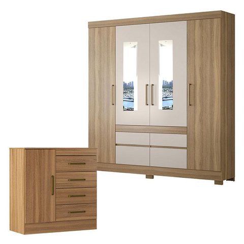 Cômoda Montevidéu e Guarda Roupa Casal Bilbao Amêndola Off White com Espelho - Demóbile
