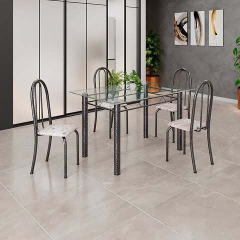 Conjunto de Mesa Tubular 120cm x 75cm Tampo em Vidro Incolor com 4 Cadeiras Prata/Bege