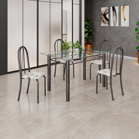 Conjunto de Mesa Tubular 120x75cm Tampo em Vidro com 4 Cadeiras Prata/Arabesco/Mart