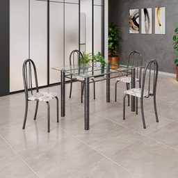 Conjunto de Mesa Tubular 120x75cm Tampo em Vidro com 4 Cadeiras - 1