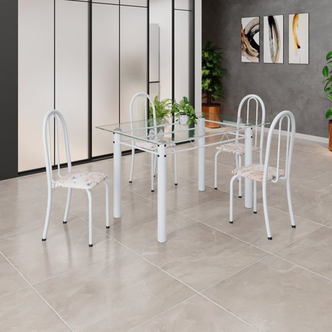 Conjunto de Mesa Tubular 120x75cm Tampo em Vidro com 4 Cadeiras Iris B Branco/Botanic Bege