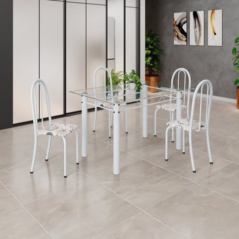 Conjunto de Mesa Tubular 120x75cm Tampo em Vidro com 4 Cadeiras Iris B Branco/Arabesco