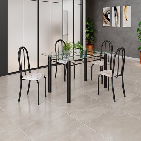 Conjunto de Mesa Tubular 120x75cm Tampo em Vidro com 4 Cadeiras Iris B Preto/Bege
