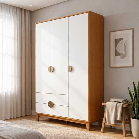 Guarda-Roupa Solteiro MDF 3 Portas 2 Gavetas Branco Ipê Cinamomo