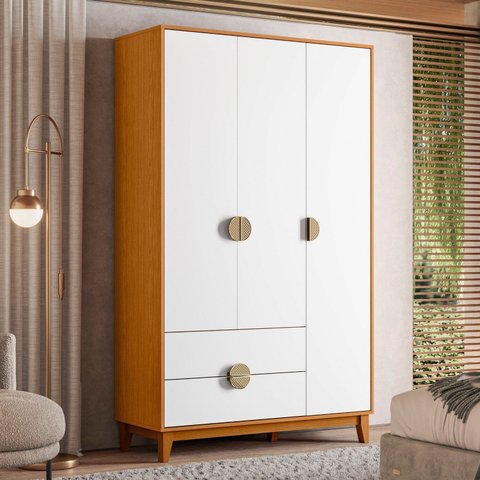 Guarda-Roupa 3 Portas e 2 Gavetas Branco/Ipê Cinamomo