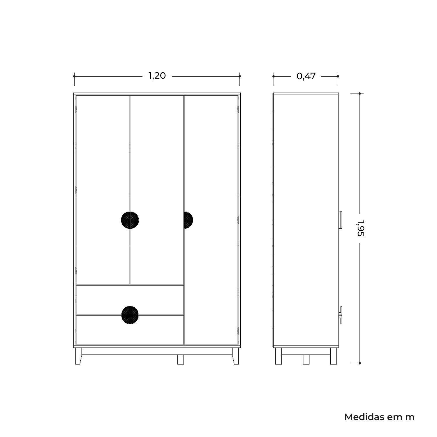 Guarda-roupa 3 Portas e 2 Gavetas 195x120x47 Cm - 6