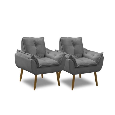 Kit 2 Poltronas para Sala Decorativa Opala Pés Madeira Suede Cinza Chumbo Império Decor