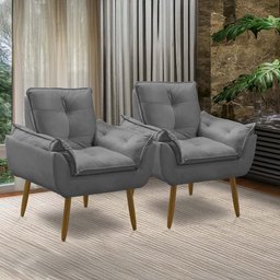 Kit 2 Poltronas para Sala Decorativa Opala Pés Madeira Suede Cinza Chumbo Império Decor - 7