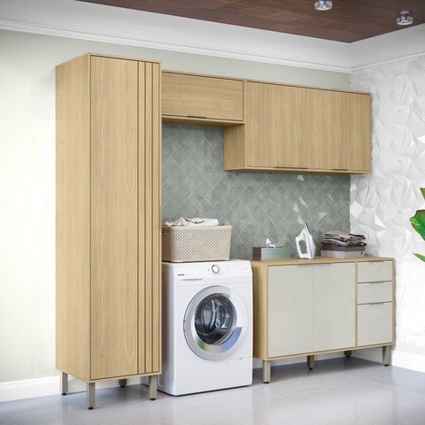 Lavanderia Modulada com 2 Armários Aereos, 1 Balcão e 1 Armário Multiuso Glória Bege/Castanho/Off White