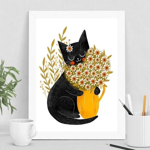 Quadro Decorativo Gatinho com Margaridas 45x34cm:madeira Preta