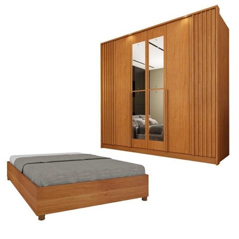 Guarda-Roupa 6 Portas com Espelho Ripado Nova York e Cama Casal Monaco Espresso Móveis Bege/Cinamomo