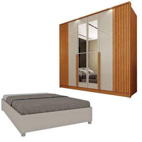 Guarda-Roupa 6 Portas com Espelho Ripado Nova York e Cama Casal Monaco Espresso Móveis Bege/Cinamomo/Off White