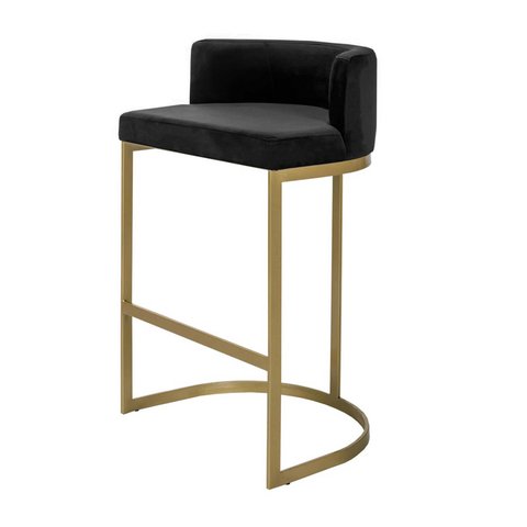 Banqueta Belly Alta Estofada Dourada em Tecido Suede Preto Elegante e Confortável 75cm