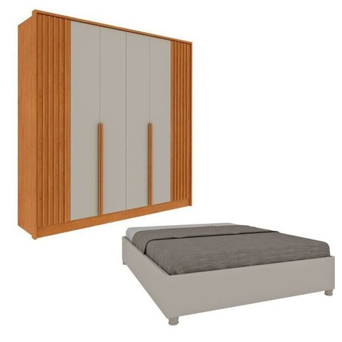Guarda-Roupa 6 Portas com Espelho Ripado Nova York e Cama Casal Monaco Espresso Móveis Bege/Cinamomo/Off White