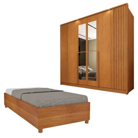 Guarda-Roupa 6 Portas com Espelho Ripado Nova York e Cama Solteiro Monaco Espresso Móveis Bege/Cinamomo