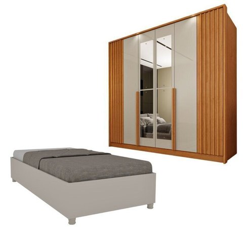 Guarda-Roupa 6 Portas com Espelho Ripado Nova York e Cama Solteiro Monaco Espresso Móveis Bege/Cinamomo/Off White