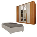 Ver imagem 1 de Guarda-Roupa 6 Portas com Espelho Ripado Nova York e Cama Solteiro Monaco Espresso Móveis Bege/Cinamomo/Off White