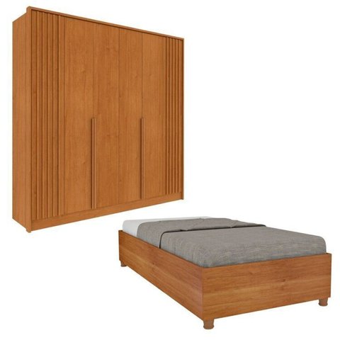 Guarda-Roupa 6 Portas com Espelho Ripado Nova York e Cama Solteiro Monaco Espresso Móveis Bege/Cinamomo