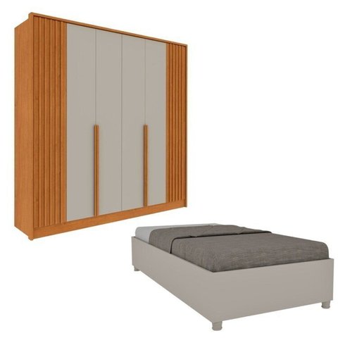 Guarda-Roupa 6 Portas com Espelho Ripado Nova York e Cama Solteiro Monaco Espresso Móveis Bege/Cinamomo/Off White