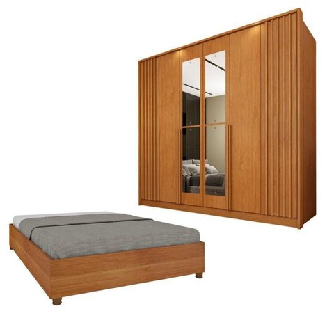 Guarda-Roupa 6 Portas com Espelho Ripado Nova York e Cama Casal Queen Monaco Espresso Móveis Bege/Cinamomo