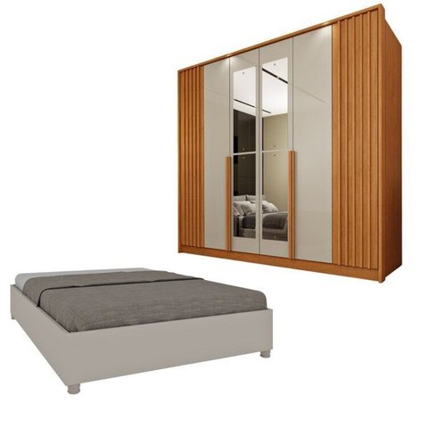 Guarda-Roupa 6 Portas com Espelho Ripado Nova York e Cama Casal Queen Monaco Espresso Móveis Bege/Cinamomo/Off White