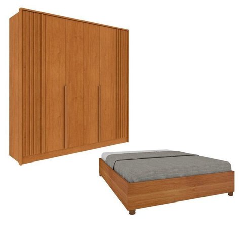 Guarda-Roupa 6 Portas Ripado Nova York e Cama Casal Queen Monaco Espresso Móveis Bege/Cinamomo