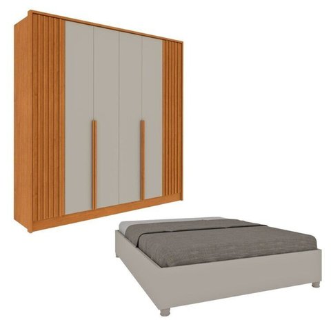Conjunto para Quarto 1 Guarda Roupa Ripado Nova York 1 Cama Casal Queen Monaco Espresso Móveis Bege/Cinamomo/Off White