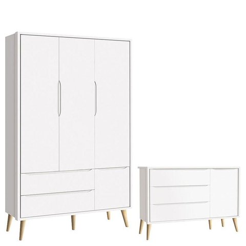 Cômoda Infantil com Porta e Guarda Roupa 3 Portas Theo Branco Acetinado Pés Madeira Natural – Reller