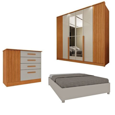 Quarto Completo 1 Guarda-Roupa com Espelho 1 Cômoda Ripado Nova York e 1 Cama Casal Mônaco Espresso Bege/Cinamomo/Off White