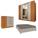 Ver imagem 1 de Quarto Completo 1 Guarda-Roupa com Espelho 1 Cômoda Ripado Nova York e 1 Cama Casal Mônaco Espresso Bege/Cinamomo/Off White
