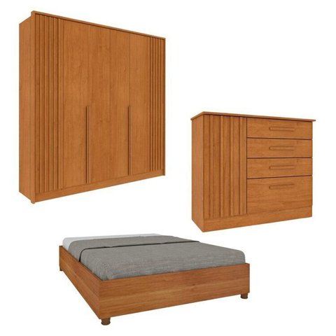 Quarto Completo 1 Guarda-Roupa 6 Portas e 1 Cômoda Ripado Nova York e 1 Cama Casal Monaco Espresso m Bege/Cinamomo
