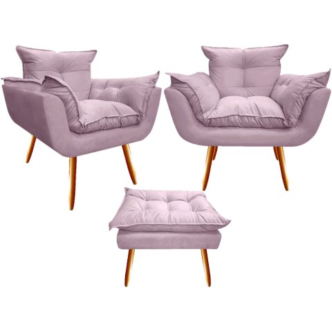 Kit 2 Poltronas + Puff Decorativo Opala Suede Rosê Pés Madeira Ms Decor