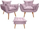 Ver imagem 1 de Kit 2 Poltronas + Puff Decorativo Opala Suede Rosê Pés Madeira Ms Decor