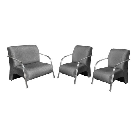 Conjunto Sevilha 2 Poltronas + 1 Namoradeira Braço Metal Decoração Recepção Sala - Linho Cinza