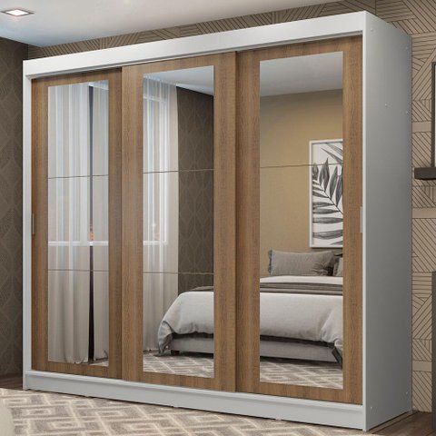 Guarda-roupa Casal Madesa Kansas 3 Portas de Correr de Espelho 3 Gavetas