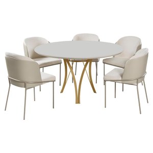 Conjunto Mesa de Jantar Barcelona Off White Base Dourado 1,20m com 4 Cadeiras Aurora
